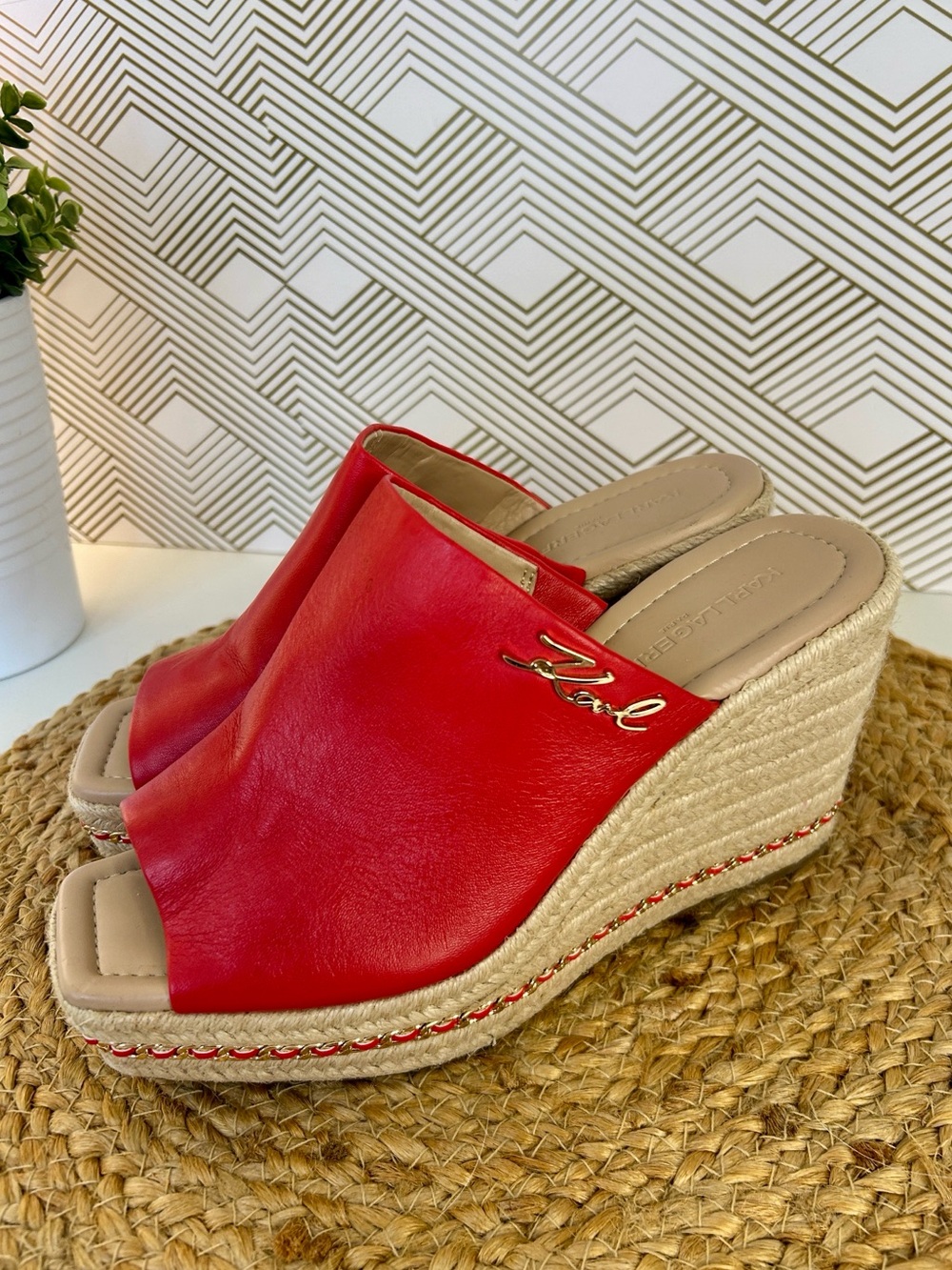 Karl Lagerfeld Corissa platform/wedge leather Espadrille sandals-red/gold-sz 7.5